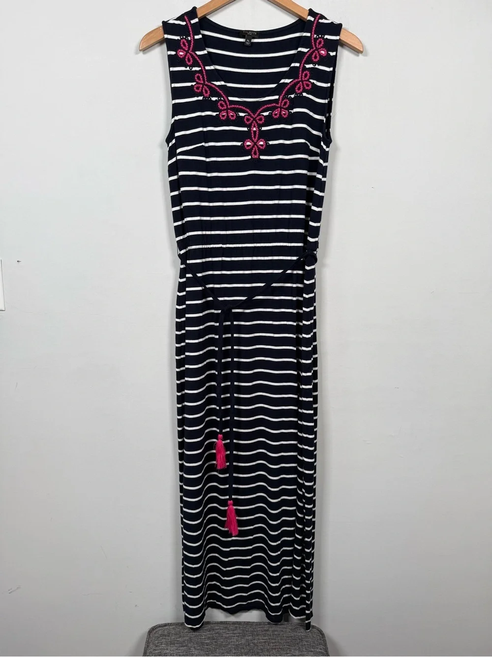 EMBROIDERED TASSEL-BELT STRIPE JERSEY MAXI DRESS, SIZE MP, GREAT CONDITION